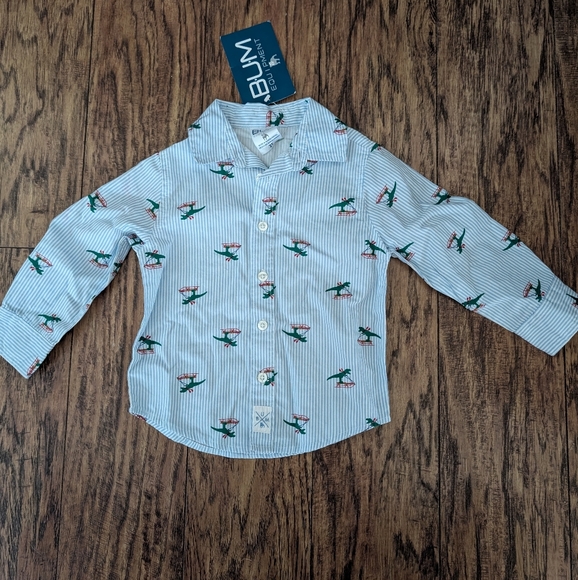 💥3/$24 NWT Bum Equipment Christmas Dinosaur Print Button Up Long Sleeve Shirt - Picture 1 of 6